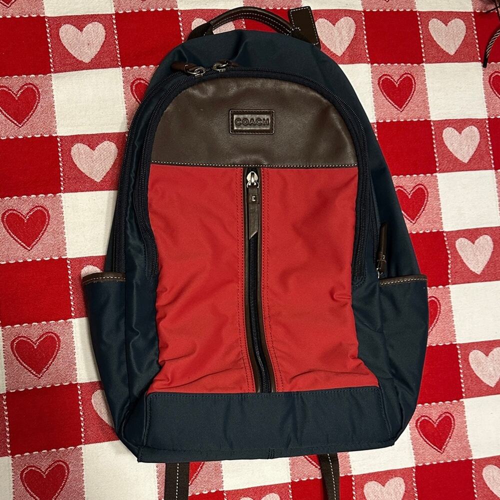 Coach Unisex Canvas Laptop Backpack in Red and Navy
